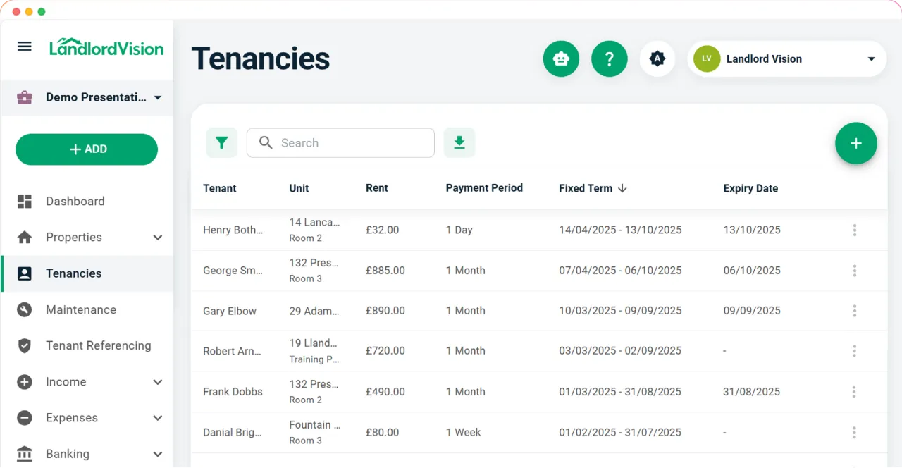 Screenshot of Landlord Vision landlord software. Showing profit and loss statement page and a summary of tenancies by room.