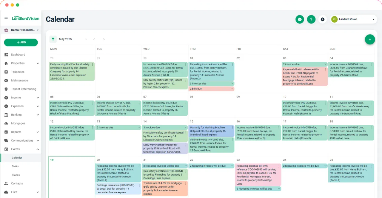 Landlord Vision screenshot showing safety certificates and screenshot summarising the tenancies and rooms for a property.