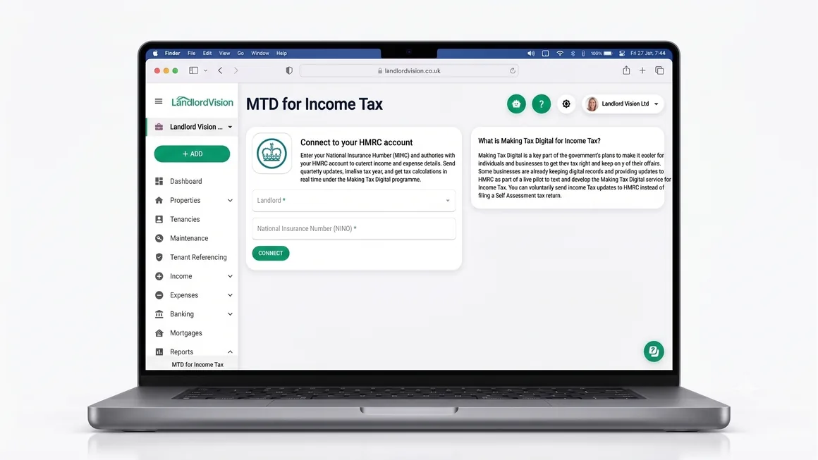Landlord Vision for Making Tax Digital shown on a laptop