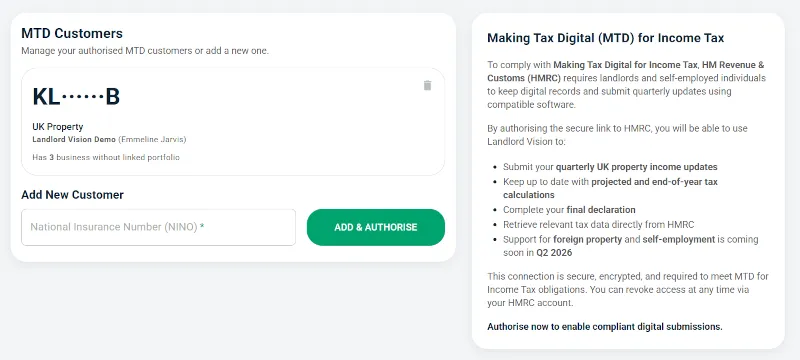 Screenshot: Connect to HMRC in Landlord Vision