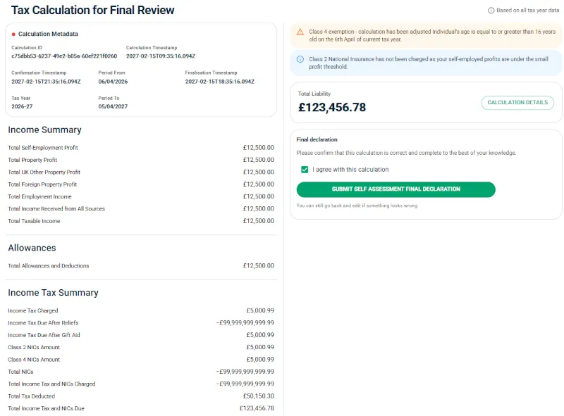 Screenshot: Tax calculation for final review and declaration