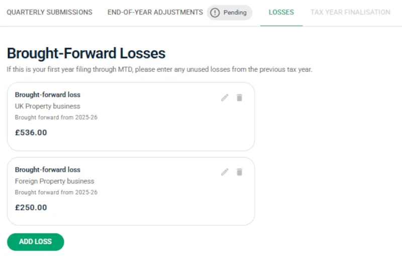 Screenshot: Brought-forward losses in Landlord Vision