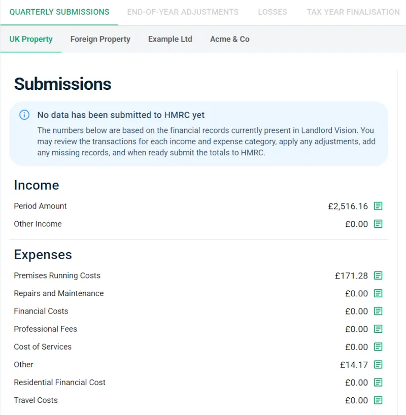 Screenshot: Quarterly submission review in Landlord Vision